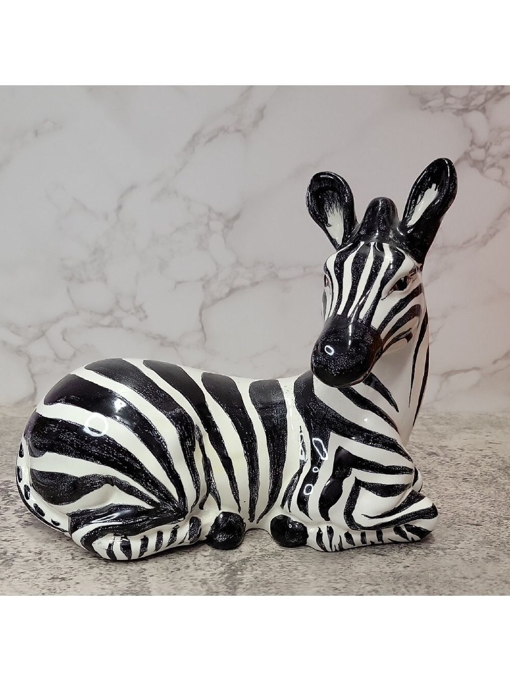 Porcelain Sculpture of a Recumbent Zebra Vintage Handpainted